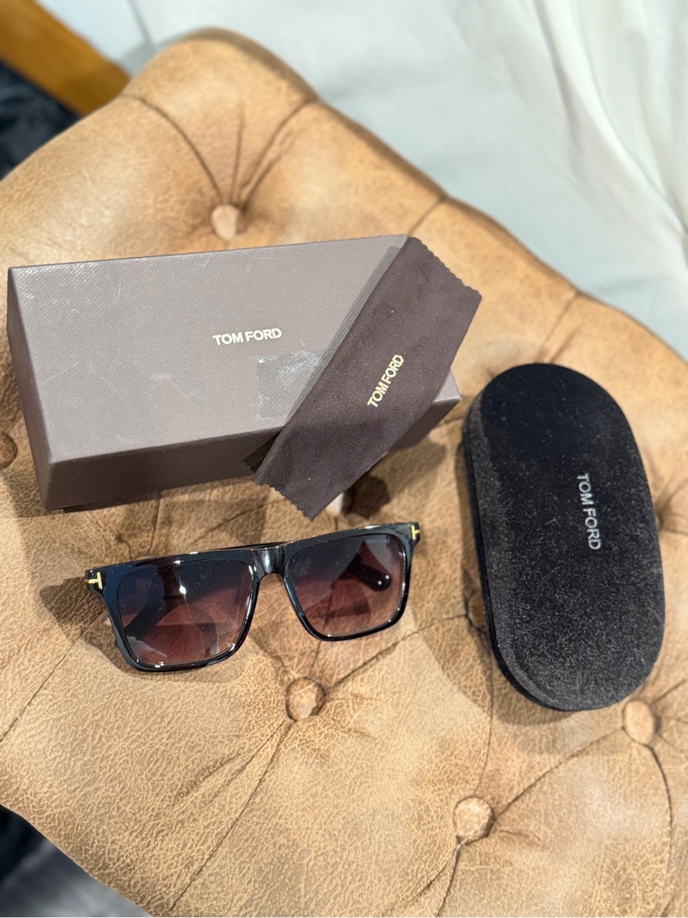 Tom Ford Dark Brown Square Sunglasses with Gold T Accents